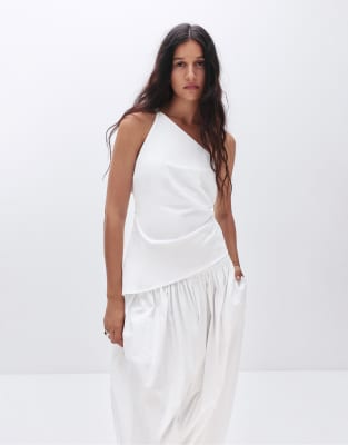 Pull & Bear - Asymmetrisches Oberteil in Weiß mit Raffung