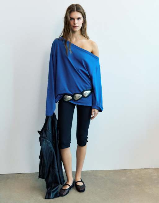 Pull&Bear asymmetrisches Oversize-T-Shirt in Dunkelblau, 3 von 6