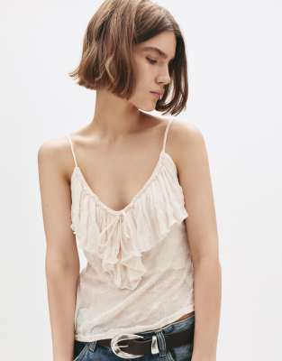 Pull & Bear - Asymmetrisches Riemchenoberteil in Beige mit Rüschen-Neutral