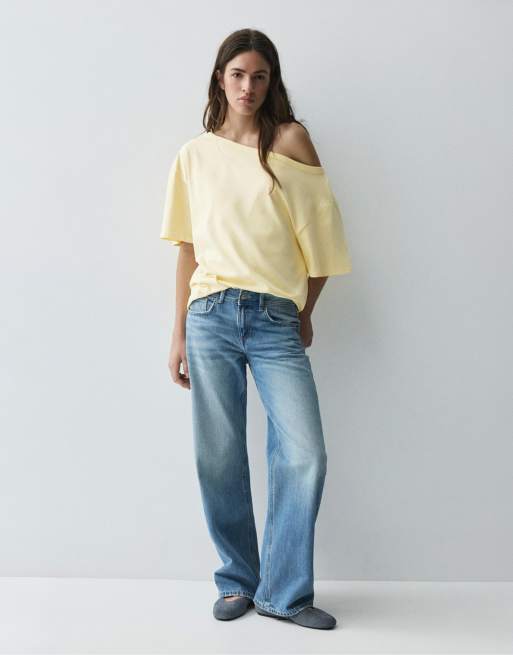 Pull&Bear – Asymmetrisches T-Shirt in Gelb, 4 von 7