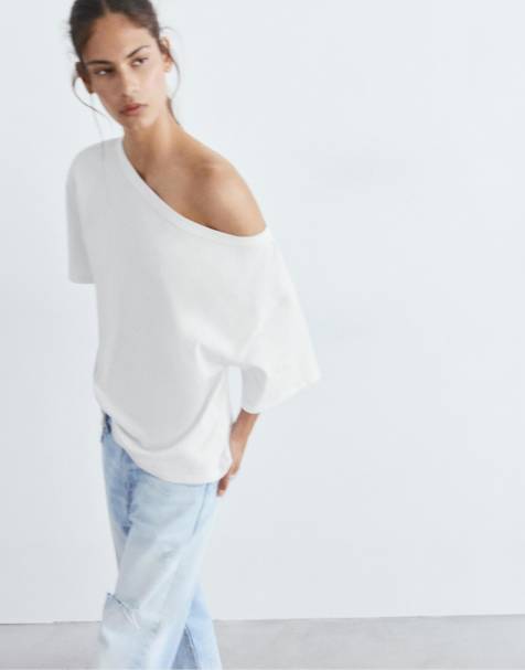 Pull&Bear – Asymmetrisches T-Shirt in Weiß - view 1