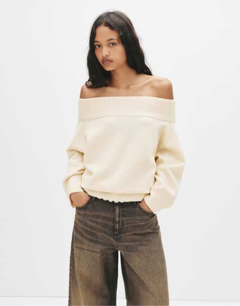Pull&Bear - Asymmetrisk beige sweater i blød strik - view 1