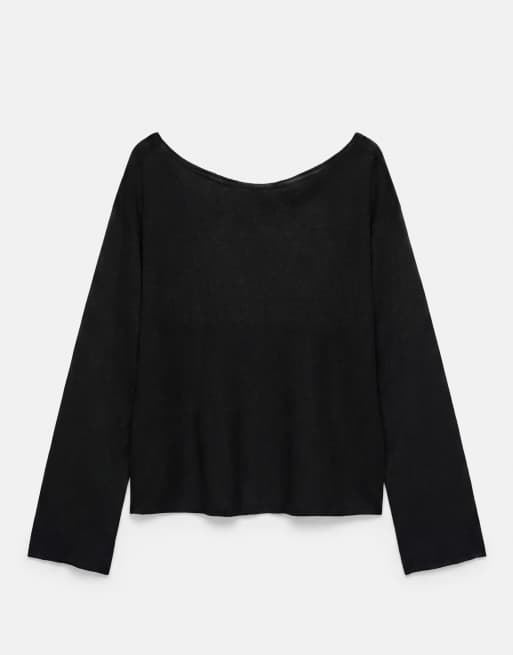 Pull&Bear asymmetrisk finstrikket striktrøje i sort, 7 af 7