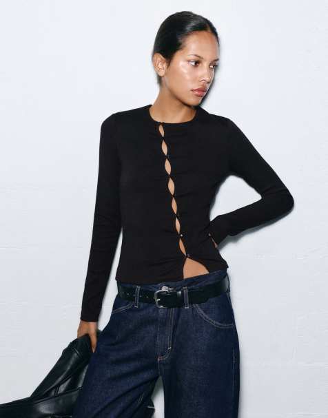 Pull&Bear asymmetrisk kofta med knappar i svart - view 1