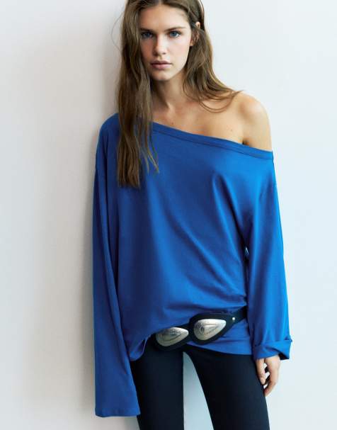 Pull&Bear asymmetrisk oversize-t-shirt i mörkblått - view 1