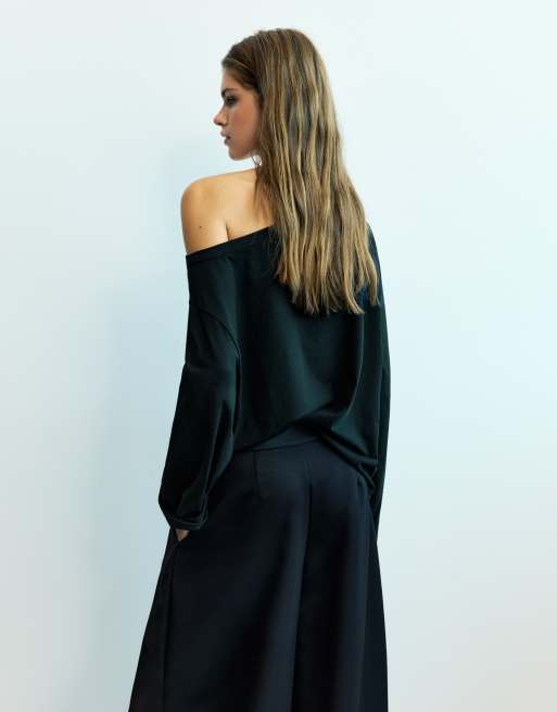 Pull&Bear asymmetrisk oversize-t-shirt i svart, 2 av 6