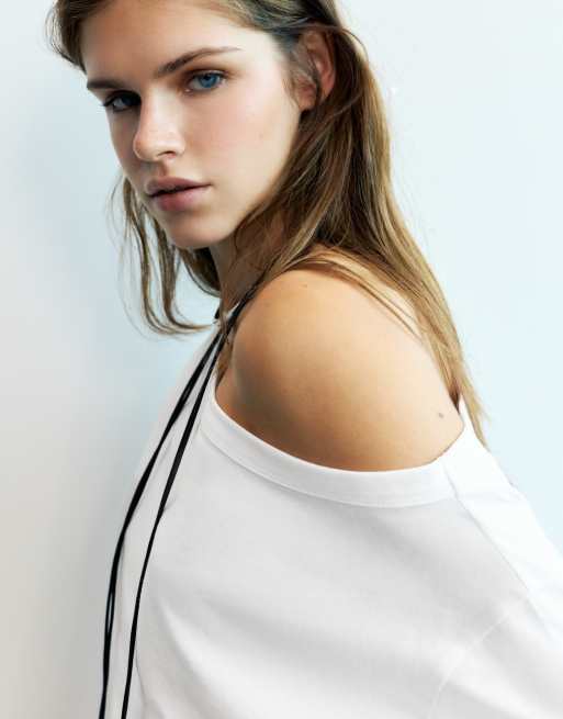 Pull&Bear asymmetrisk oversized T-shirt i hvid, 3 af 6