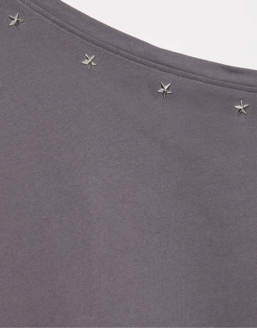 Pull&Bear asymmetrisk stjärn-t-shirt i grå/blå, 6 av 7