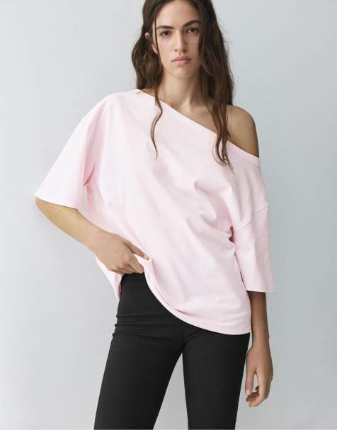 Pull&Bear asymmetrisk t-shirt med korta ärmar i rosa - view 1