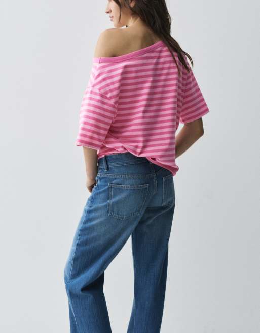 Pull&Bear asymmetrisk T-shirt med korte ærmer i pink, 2 af 7