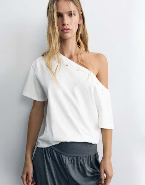 Pull&Bear asymmetrisk T-shirt med stjerne i hvid - view 1