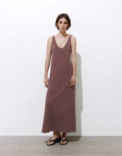 Pull&Bear - Auberginefarvet midikjole med stropper - view 1