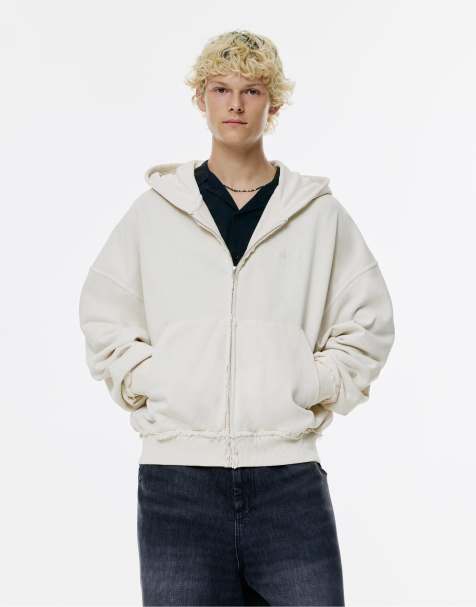 Pull&Bear – Ausgefranste Kapuzenjacke in Wollweiß mit Reißverschluss - view 1