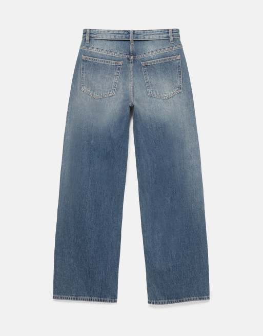 Pull&Bear avslappnade baggy jeans med uppvikt midja i grönblått, 7 av 7