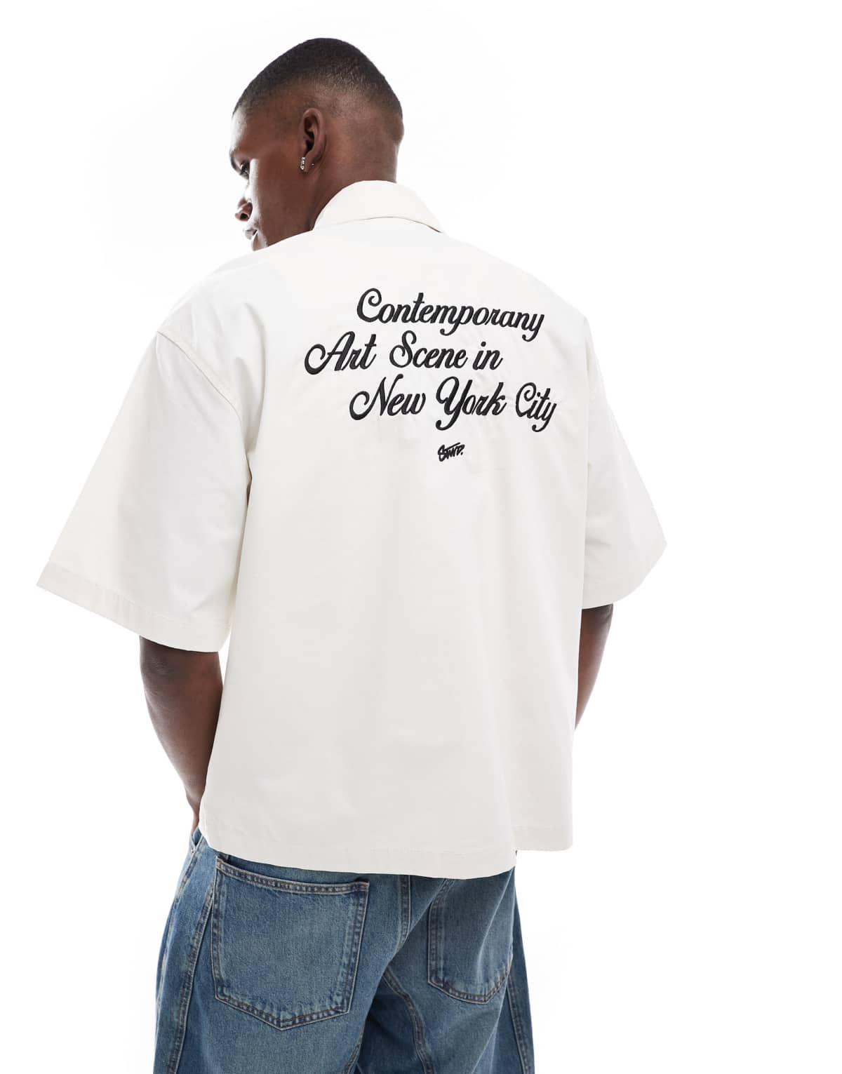 Pull&Bear back embroidered zip through shirt in ecru