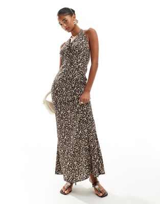 Pull&Bear backless halterneck maxi dress in leopard print | ASOS