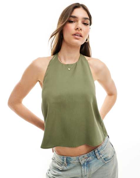 Pull&Bear backless halterneck tie back top in khaki - view 1