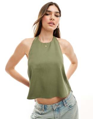 backless halterneck tie back top in sage-Green