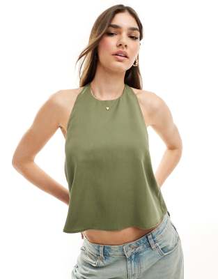 Pull & Bear Backless Halterneck Tie Back Top In Sage-green