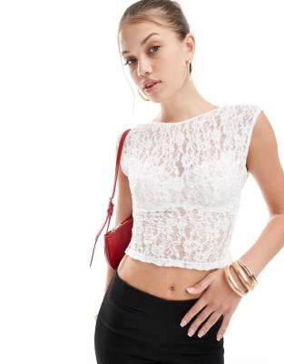 Pull & Bear Backless Lace Top In Ecru-black In White