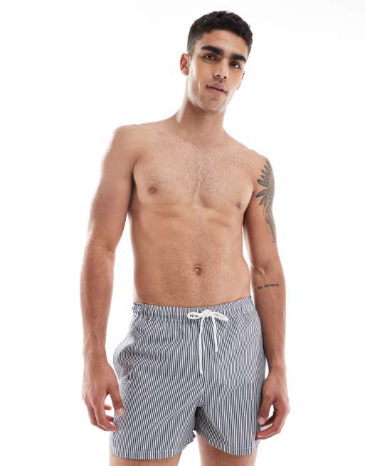 Pull&Bear – Badeshorts aus Seersucker in Marineblau gestreift