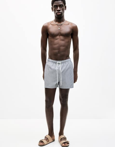 Pull&Bear – Badeshorts aus Seersucker in Marineblau gestreift - view 1