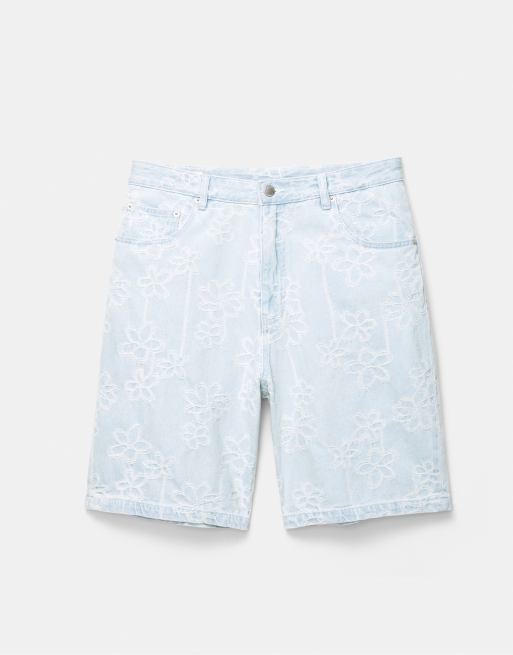 Pull&Bear - Baggy denim bermuda shorts met bloemenprint in vaal indigo