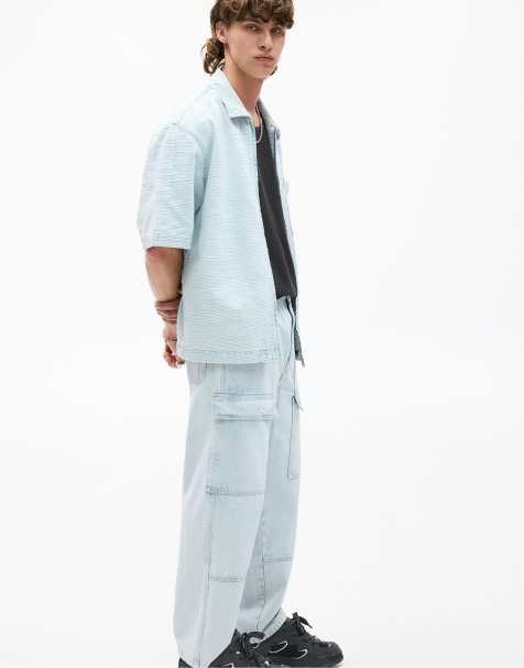 Pull&Bear baggy fit cargo jeans in pale blue - view 1