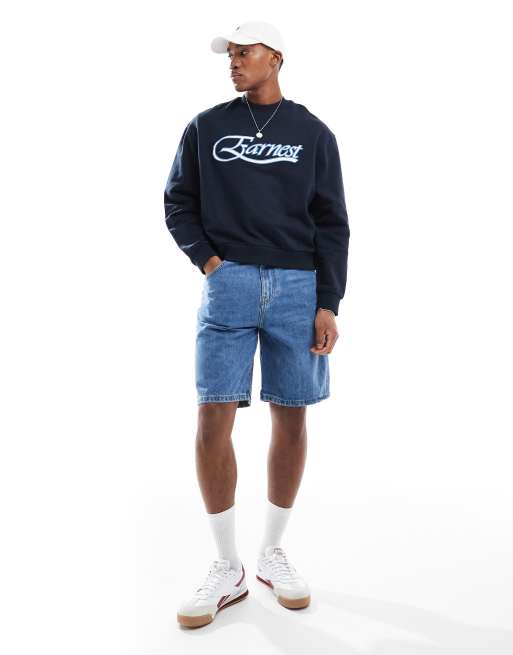 Pull&Bear baggy fit denim short in mid blue