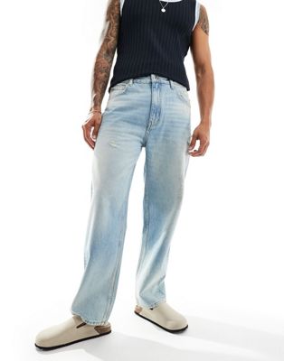 Pull & Bear Baggy Fit Jeans With Rips In Mid Blue