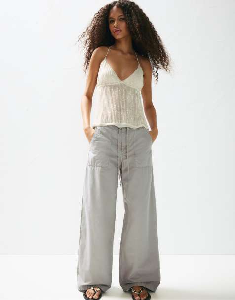 Pull&Bear - Baggy grå poplin-bukser - view 1