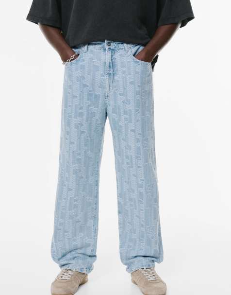 Pull&Bear Baggy jacquard jeans in pale indigo - view 1