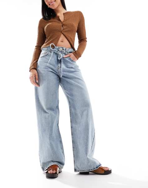 Pull&Bear baggy jean with tie waist detail in blue - view 1