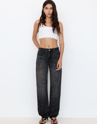 Pull & Bear - Baggy-Jeans in Schwarz mit Strasssteinen