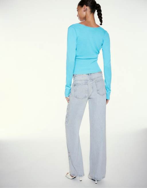 Pull&Bear baggy jeans med nitter i lyseblå, 2 af 7