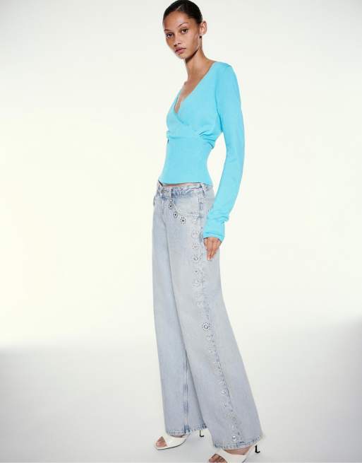Pull&Bear baggy jeans med nitter i lyseblå, 4 af 7