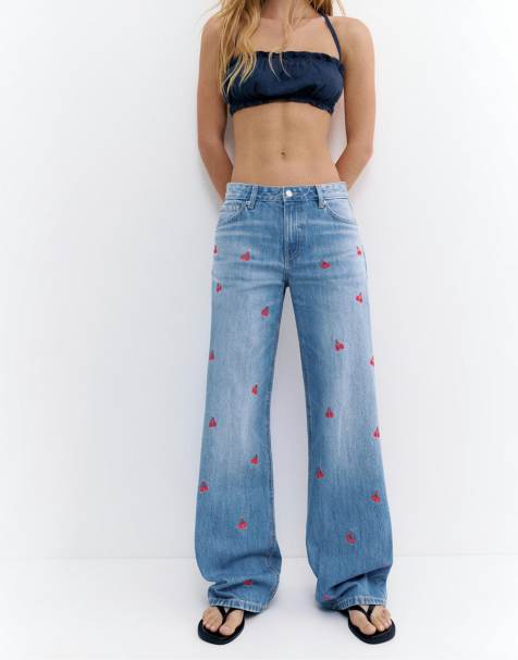 Pull&Bear - Baggy jeans met kersen in middenblauw - view 1