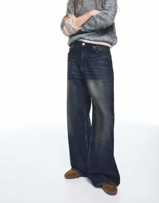 Pull&Bear - Baggy jeans met lage taille in donkerblauw