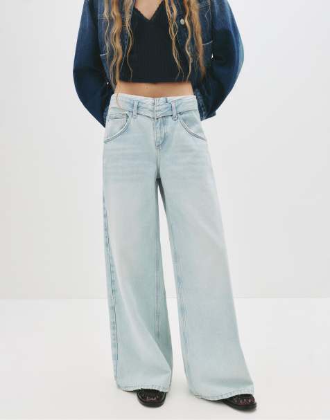 Pull&Bear - Baggy jeans met omgeslagen tailleband in vaalblauw - view 1