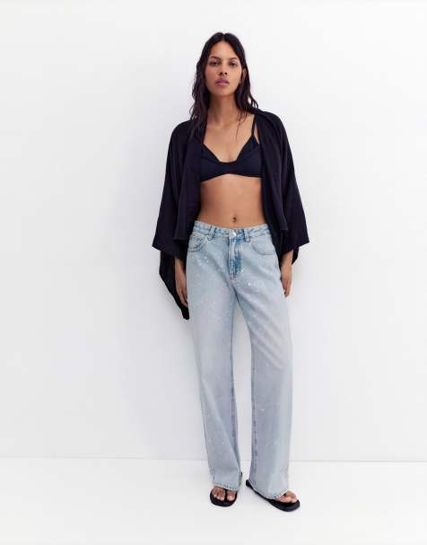 Pull&Bear - Baggy jeans met rechte pijpen en strass-steentjes in lichtblauw - view 1