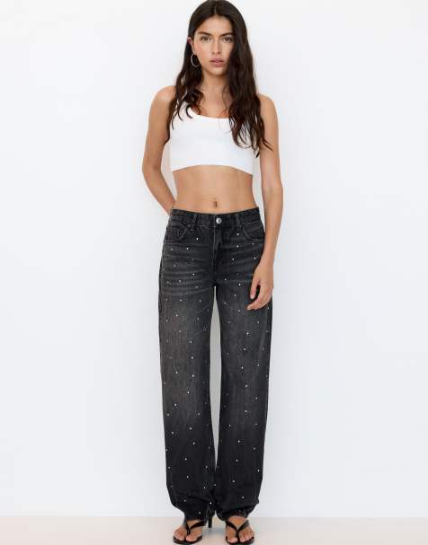 Pull&Bear - Baggy jeans met siersteentjes in zwart - view 1