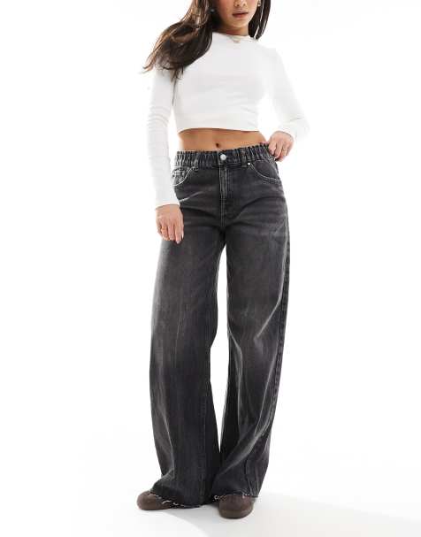 Pull&Bear - Baggy jeans met wijde pijpen en elastische taille in grijs met wassing - view 1