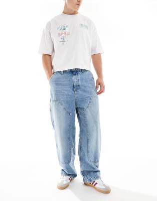 Pull&Bear - Baggy jeans met zakken in gewassen blauw - view 1