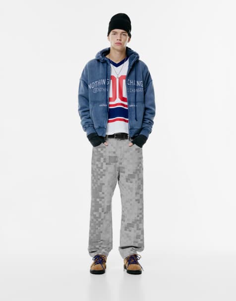 Pull&Bear – Baggy-Jeans mit Jacquard-Karomuster in Blassgrau - view 1