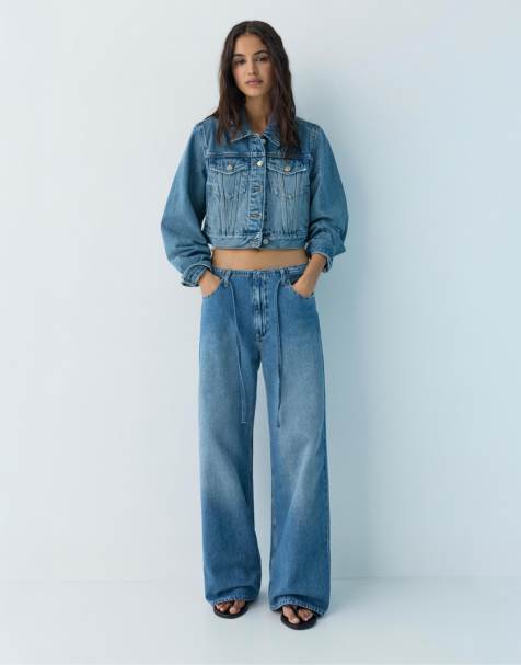 Pull&Bear Baggy jeans with drawstring in medium blue