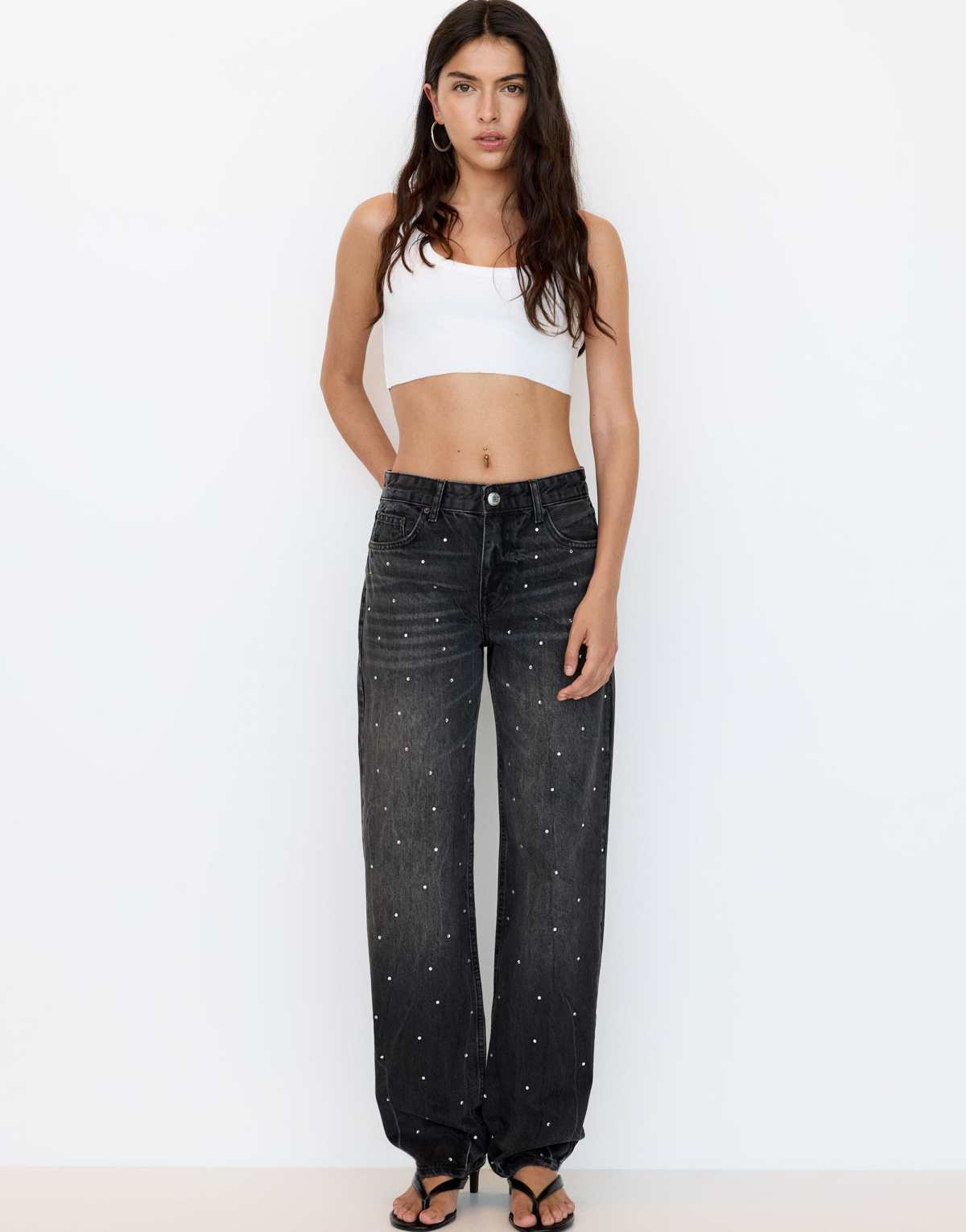 Pull&Bear baggy jeans with rhinestones in black