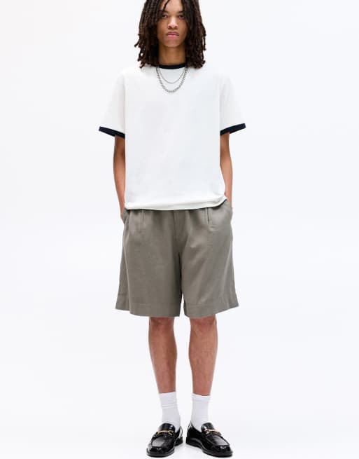 Pull&Bear baggy linen blend bermuda shorts in khaki