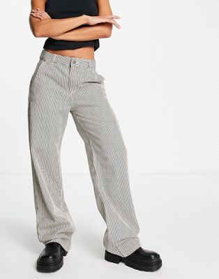 Pull&Bear baggy medium waist striped jeans in ecru | ASOS