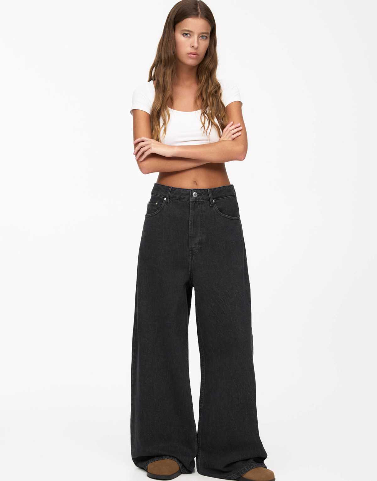 Pull&Bear baggy oversized wide leg jean in black