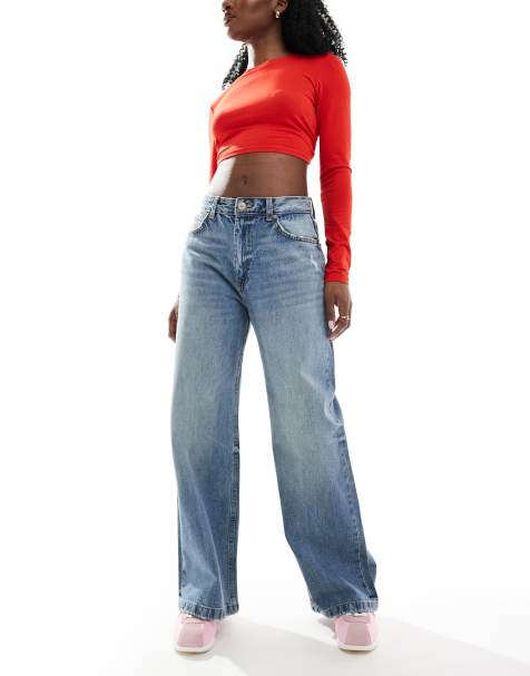 Pull&Bear baggy oversized wide leg jeans in mid blue - view 1